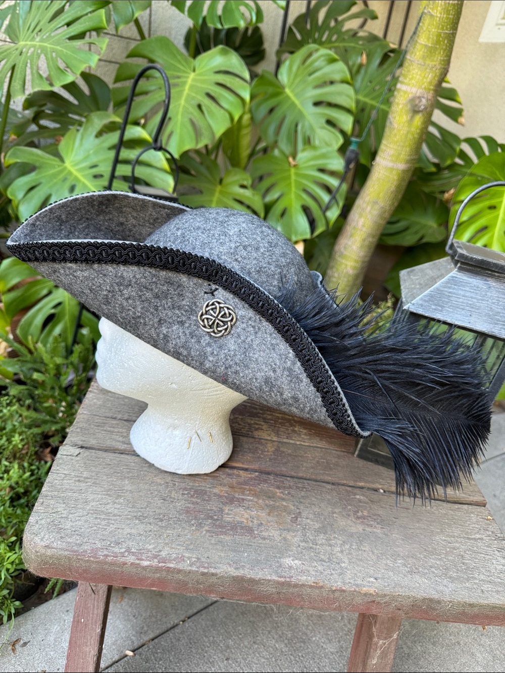 Gray Wool Felt Tricorn Hat with Black Trim and Feather Plume, Celtic Knot Emblem